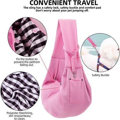 Dog Carrier Sling - Reversible Puppy Carrier Purse with Storage Pocket, Hand-Free Dog Sling Carrier for Carry Small Dogs and Cats, Travel Safety Harness, Dog and Cat Harness (Pink)