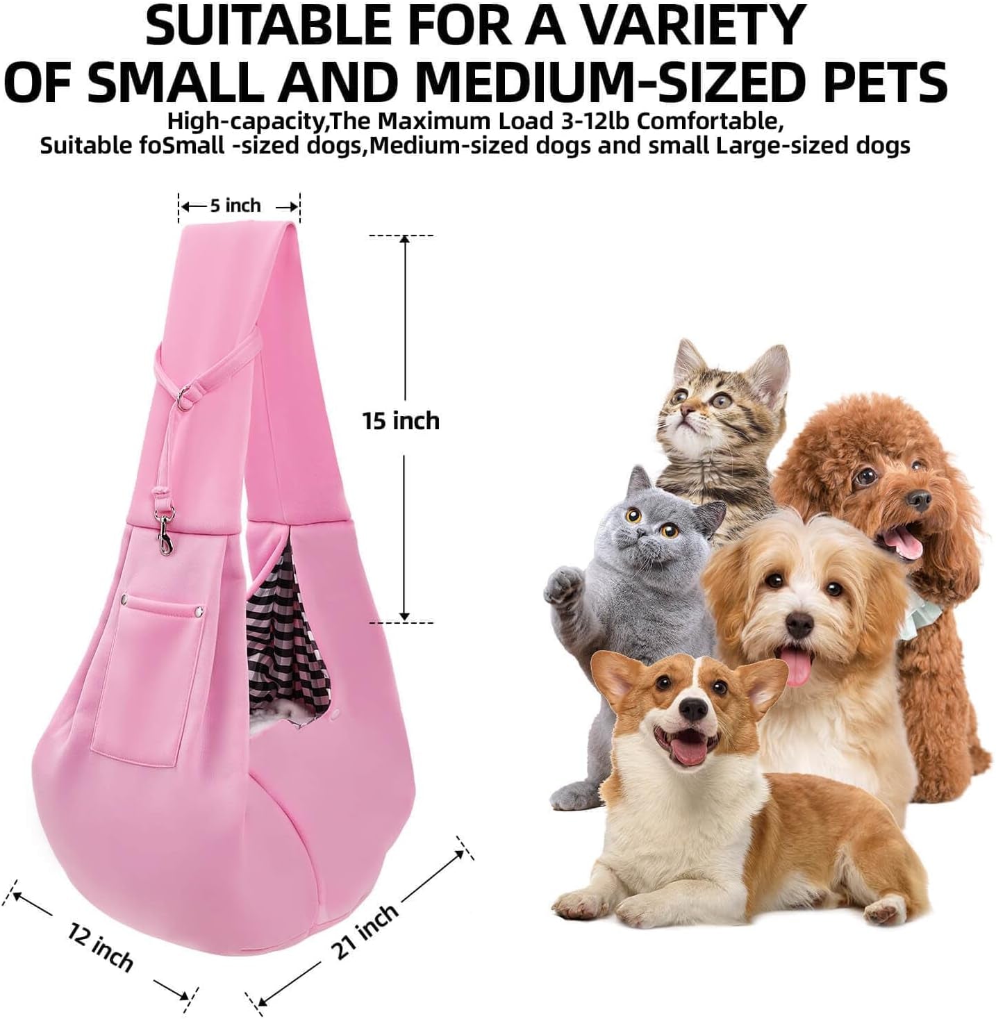 Dog Carrier Sling - Reversible Puppy Carrier Purse with Storage Pocket, Hand-Free Dog Sling Carrier for Carry Small Dogs and Cats, Travel Safety Harness, Dog and Cat Harness (Pink)