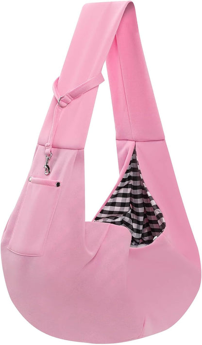 Dog Carrier Sling - Reversible Puppy Carrier Purse with Storage Pocket, Hand-Free Dog Sling Carrier for Carry Small Dogs and Cats, Travel Safety Harness, Dog and Cat Harness (Pink)